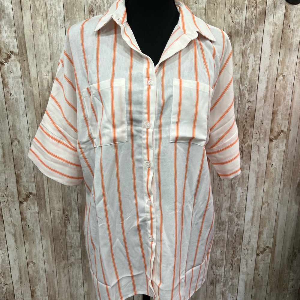 Orange and White Striped Blouse with Short Sleeves‎
